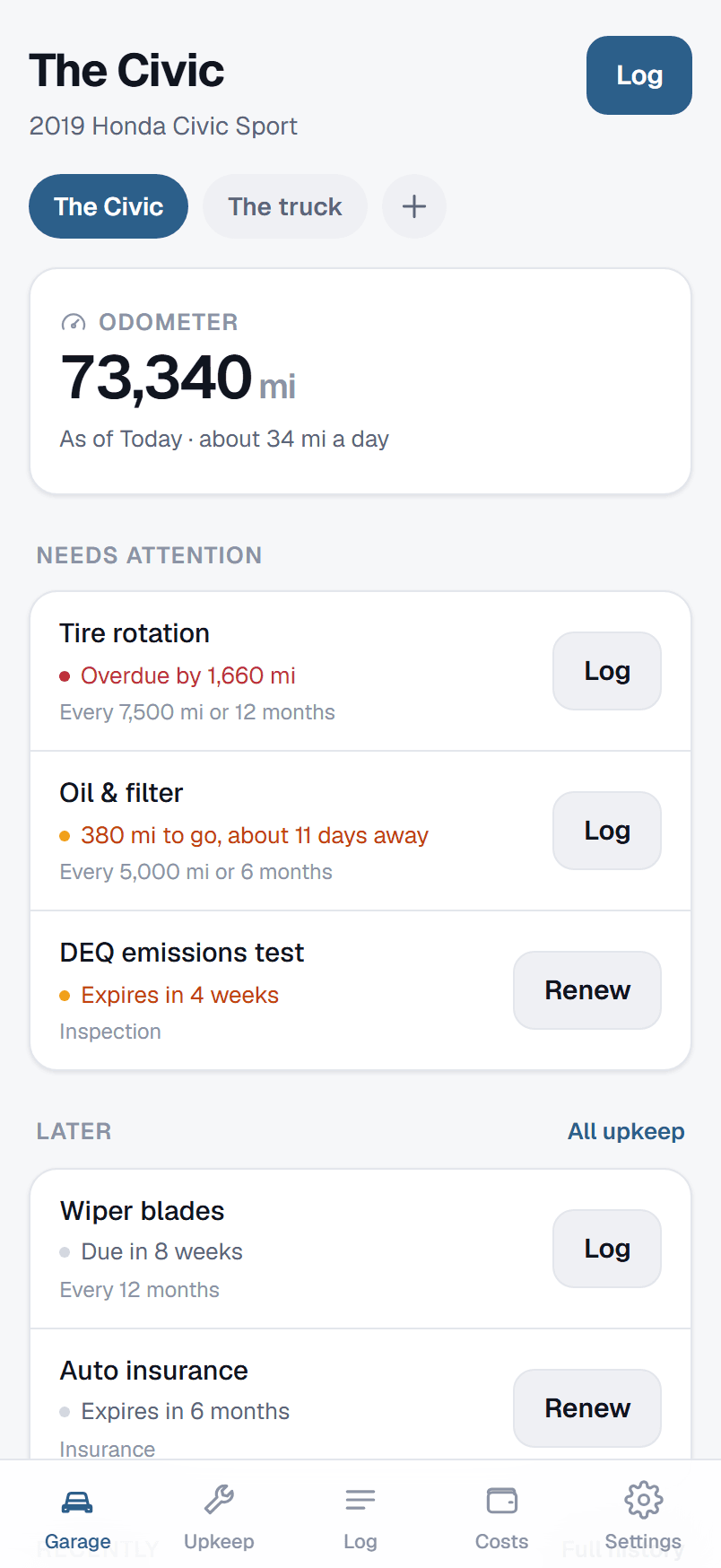 Auto's home screen: the odometer, and what the car needs next in miles and in months.