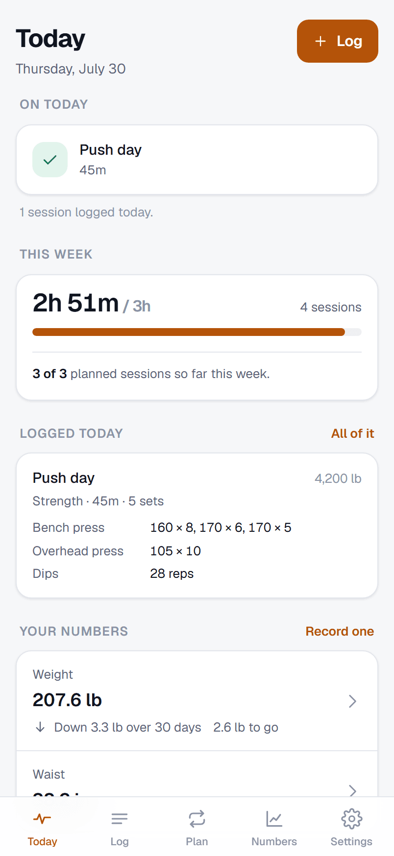 Fitness's home screen: what's on today, the week so far, and the session you just logged.