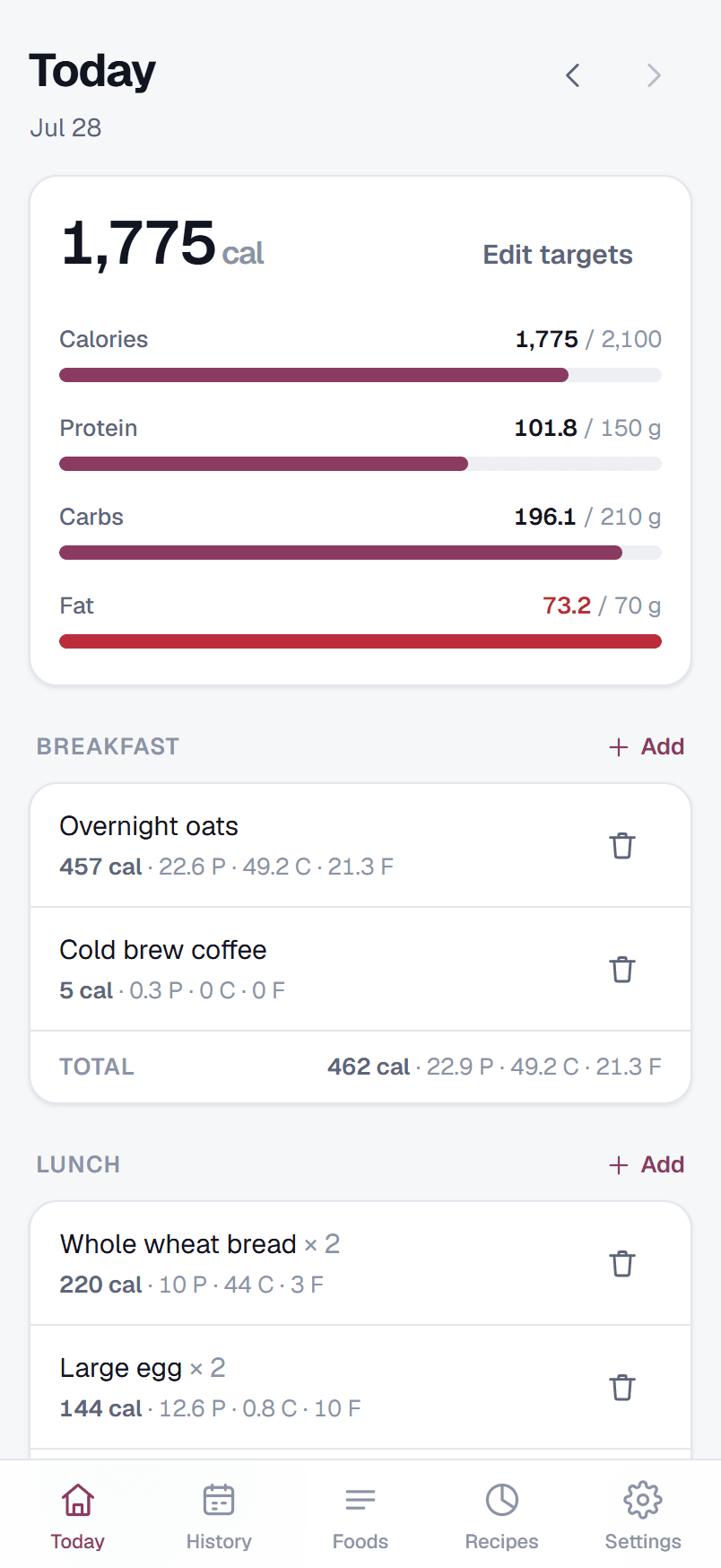 Food's home screen: today's calories against your targets, broken out by meal.