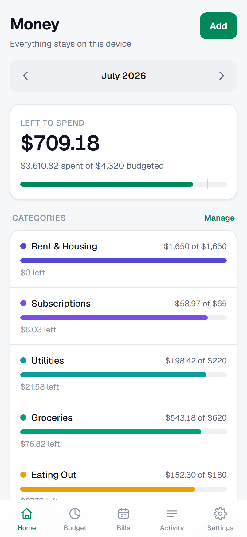 Money's home screen: what's left to spend this month, with every category tracking against its budget.