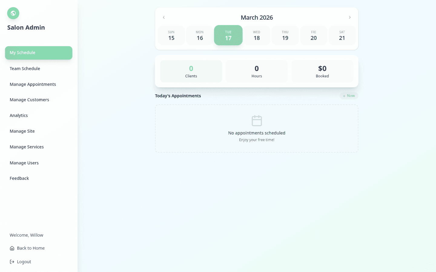 Salon management dashboard — appointments, staff, and services